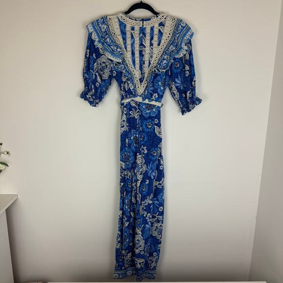 FARM Rio Womens Full of Flowers Linen Blend Half Sleeve Blue/White Jumpsuit XS - Picture 3 of 14